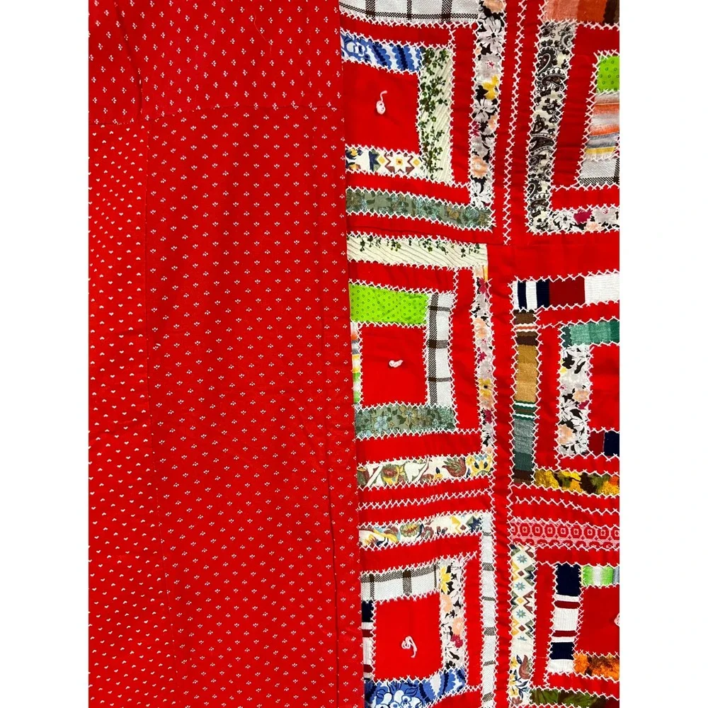 Vintage Handmade Log Cabin Quilt Hand Embroidered Twin 52x70 Folk Art